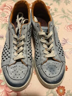 A.S.98 Light Blue Perforated Leather Lace-Up Sneakers with Tan Trim